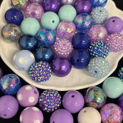 50PCS Bubblegum Beads 20mm，Large Beads for Jewelry Making，Round Circle Chunky Bead for Craft Pen Keychain Bracelets, beadable for Dog cat Collar Necklace (Mixed Blue/Purple) - color: Mixed blue/purple