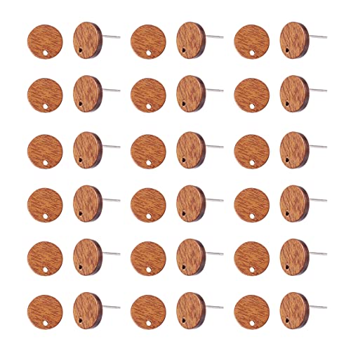 PH PandaHall Pandahall 50pcs Walnut Wood Flat Round Earring Stud 10mm Natural Wooden Earring Stud with 316 Stainless Steel Findings for DIY Earrings Making, Hole: 1.6mm