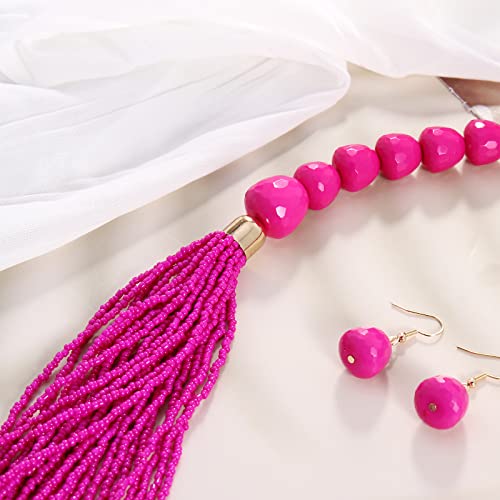 Bocar Necklace for Women, Multi Layer Statement Necklace, Long Chain Chunky Bib Seed Beads Necklace, Necklace Earring Set for Women Gift (NK-10693) - color: Rose red