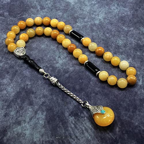 Simple Designed Natural Stone Worry Beads - Prayer Beads Tesbih-Tasbih-Tasbeeh-Misbaha-Subha-Sebha-Sibha-Rosary (Yellow Jade Natural Stone -8 mm 33- Beads/Drop Tassel) - color: Yellow Jade Natural Stone -8 mm 33- Beads / Drop Tassel