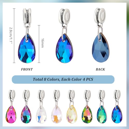 PH PandaHall 32pcs Teardrop Glass Charms, 8 Colors Faceted Waterdrops Charms Crystal Teardrop Pendants Drop Dangle Charm with Large Hole Bail Hanger for Jewelry Necklace Bracelet Making