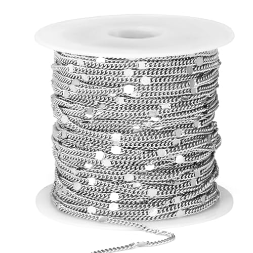 66FT Stainless Steel Curb Chains Bulk, 2mm Stainless Steel Flat Satellite Curb Link Chains Roll for Jewelry Making - color: Silver short embossed