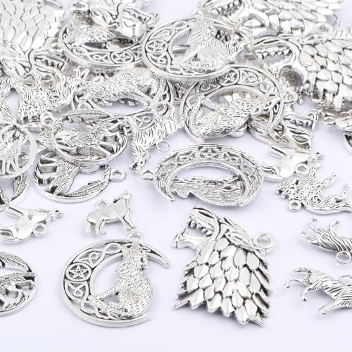 48 Pieces Vintage Alloy Mixed Wolf Shape Charms Tibetan Silver Animal Wolf Head Dangle Pendants for DIY Handmade Projects Jewelry Making Supplies, 6 Styles