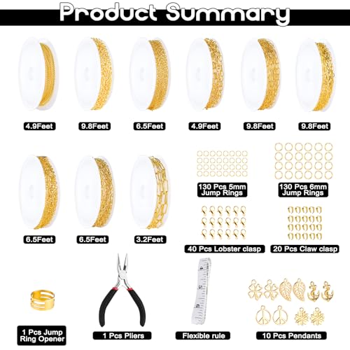 ZEVOFIUR Gold Necklace Chains for Jewelry Making, 9 Rolls of Jewelry Chain, DIY Starter Kit for DIY Necklace Bracelet Making Accessories with Jump Rings, Lobster Clasps, Connectors, Charms