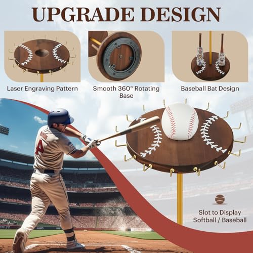 Pinzoveco Baseball Drip Necklace Organizer Holder,Rotating Baseball Display Stand with 14 Hooks, Championship Ring Display Holder, 360° Drip Necklace Championship Ring Holder Baseball Gifts - color: Carbonized Brown