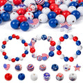 Goldwise 120Pcs 4th of July Wooden Beads Garland, Patriotic Red White Blue Beads for DIY Crafts, Independence Day Wood Beads with American Flag Stars for Bracelets Necklaces Tiered Tray Decor - size: 4th of July Wooden Beads