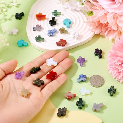 28 Pcs Cross Beads for Jewelry Making Turquoise Cross Gemstone Beads Small Crystal Crucifix Bead Charms for Easter Holiday Eid Mubarak Ramadan Christmas Necklace Jewelry Making 11-13mm - color: 14 Colors-Gemstone