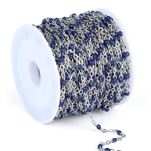 33 Feet Stainless Steel Enamel Chains Bulk, 2mm 304 Stainless Steel Navy Blue Enamel Beaded Cable Link Chain Roll Spool for Jewelry Making - color: Stainless Steel Navy Blue Beads