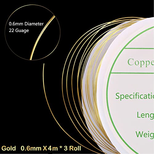 3 Pack Jewelry Wire - 22 Gauge Tarnish Resistant Copper Beading Wire for Jewelry Making, 0.6mm X 4m Each (Gold)