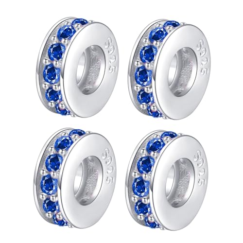 Clip Stopper Charms Sterling Silver Rondelle Spacer Bead Charm Stopper Charm for Pandora Charm Bracelets - color: Blue ( 4pcs )