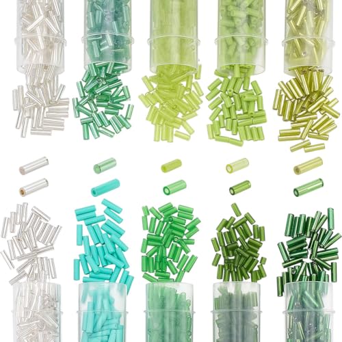 40G 10 Colors Glass Bugle Beads Round Hole Long Tube Seed Screwy Bugle Bead Loose Spacer Beads Assortment Mixed Color Bulk for Earrings Jewelry Making DIY Crafting Beading Sewing Supplies - color: Mixed Colors - Green Predominant, size: Multi Size