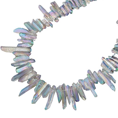SUNYIK Transparent Green Titanium Coated Crystal Points Quartz Rough Sticks Spikes Point Beads 15 inch Strand Drilled - color: Transparent Green(Rough), size: 0.4"-1.3"