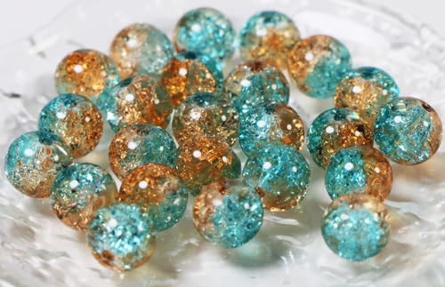100Pcs 10mm Crackle Glass Beads for Jewelry Making - Round Spacer Crystal Beads Bulk, DIY Craft Supplies for Necklace Bracelet Earrings (Brown Blue) - color: Brown Blue