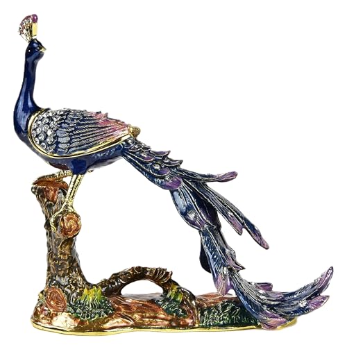 KALIFANO Peacock on Branch Jewelry Box/Stash with Element Crystals and Gemstones Made for Storage and Organization - Handmade Earring, Necklace, and Ring Box (Collectible Oranament) - color: Blue Peacock on Branch