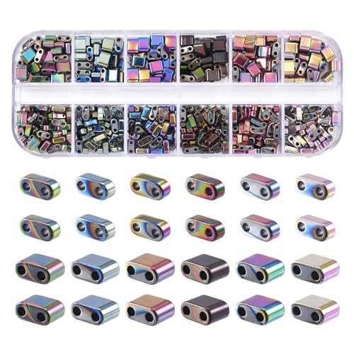 Beadthoven 480pcs Metallic 2-Hole Seed Beads - Hematite, Mixed Half Tila, Rectangle Gemstone Loose Beads for Jewelry Making, Multi-Strand Bracelet & Necklace DIY Crafts - color: Rainbow Color, size: 6mm