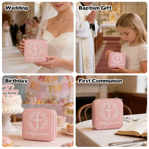 First Communion Travel Jewelry Box, Small Pink Case with Zipper & Soft Lining, Christian Keepsake Organizer for Rings Earrings Necklaces, Religious Keepsake Gift for Girls (1, Pink) - color: Pink