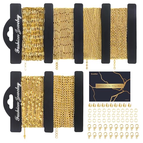 18k Gold Necklace Chains for Jewelry Making, 39.3 Feet 6 Rolls Bracelet Chains for DIY,6.5Feet Each Style, Gold Chain with Jump Rings/Lobster Clasps/Connectors - color: 18k Gold-39.3 Feet 6 Rolls