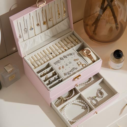 3 Layer Jewelry Box with Lock, Women Large Jewelry Holder Organizer with Drawer for Necklaces, Rings, Bracelets, Earrings, Watches, Valentines Gift for Mom Girl Wife,(Pink) - color: Pink
