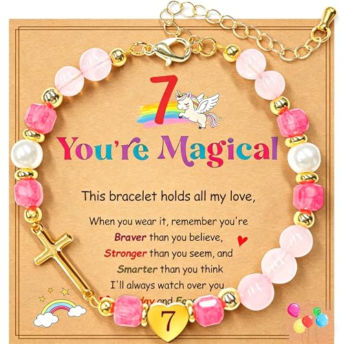 Birthday Number Cross Bracelet for Girls Ages 1-8, Strawberry Quartz & Pearl Beaded Bracelet with Gold-tone Cross & Heart Number, Adjustable Clasp Bracelet, Silver Gift Box - style: 7TH