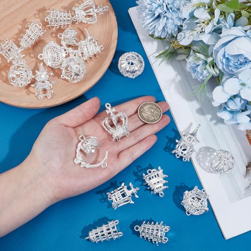PH PandaHall 20pcs 10 Styles 3D Chandelier Component Links Charms, Silver Building Pendant Charm Earring Chandelier Filigree Pendants Hollow 3D Connector Settings for DIY Craft Jewelry Making
