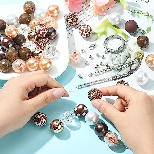Ipotkitt 50 Pcs/Set Coconut Brown Leopard Print Beads Bracelet Bead Kit with Chain Clasp Candy Color Acrylic Round Spacer Beads for Jewelry Making - color: 50pcs/set-Leopard Print Beads Kit-19~20mm