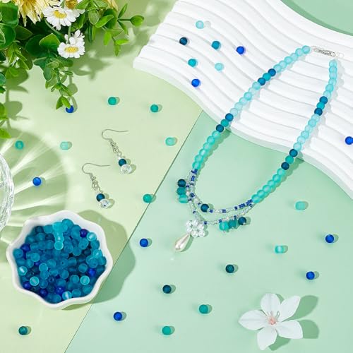 PH PandaHall 500pcs 6mm Round Frosted Bead Small Blue Bracelet Glass Beads 5 Colors Transparent Frosted Crystal Beads Loose Jewelry Bead for Summer Beading Necklaces Bracelets Jewelry Crafts Making - color: Blue