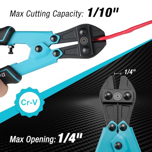 DURATECH 8-inch Mini Bolt Cutter with Bi-Material Ergonomic Handle Grip, Security Lock, Chrome Vanadium Steel Blade for Wire, Cables, Chains, Small Screws - size: 8"