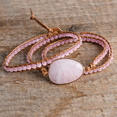 YGLINE Women Boho Handmade Natural Stone Crystal Leather Bead Wrap Bracelets Collection - color: Rose Quartz-3w
