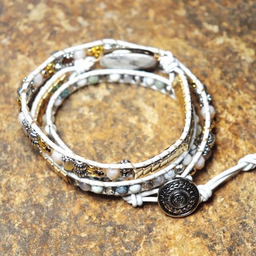 YGLINE Women Boho Handmade Natural Stone Crystal Leather Bead Wrap Bracelets Collection - color: Howlite-3w