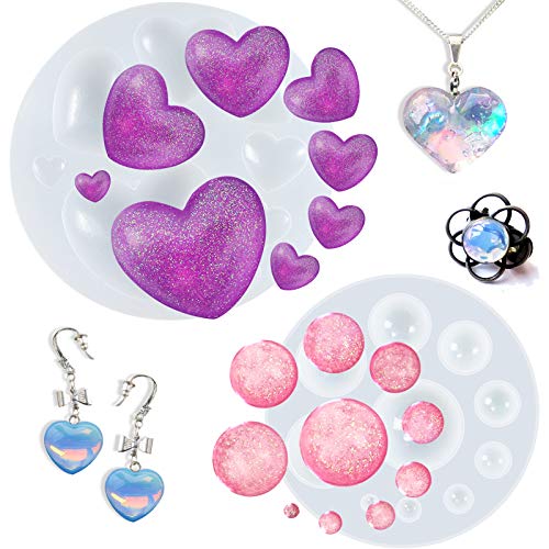 FUNSHOWCASE Cabochon Gemstone Epoxy Resin Casting Silicone Molds Include Heart, Dome Shapes for Fondant Cake Decoration, Polymer Clay Craft, Jewelry Making - 2 in Set - color: 18 Cavities 2 Designs