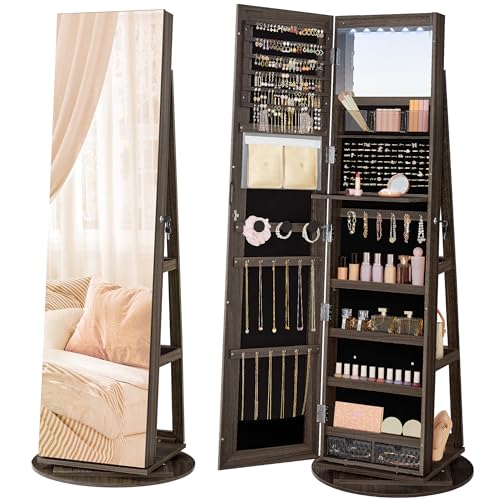 SONGMICS 6 LEDs Lockable Mirror Jewelry Cabinet, 360° Swivel Jewelry Organizer Armoire Standing, Full-Length Mirror with Storage, Mothers Day gifts for Mom, Ash Brown Surface, Black Lining UJJC007K02 - color: Ash Brown + Black Lining