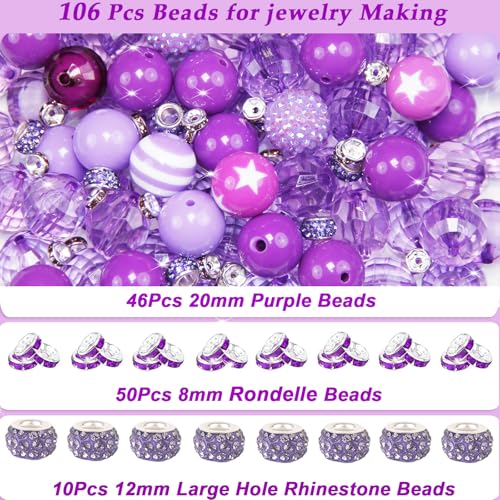 106Pcs 20mm Beads for Pens Making with Rondelle Spacer Beads Purple Acrylic Focal Bubblegum Bead Crystal Round Sparkly Chunky Bead for Pens Beadable Keychain Necklace DIY Craft Jewelry Making Supplies - color: Purple
