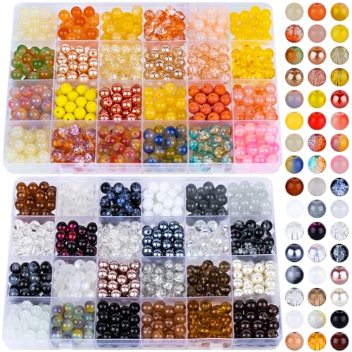XSEINO About 1200PCS 8mm Glass Beads Bracelet Making Kit，48 Assorted Yellow and Black-White Series Colorful Crystal Beads for Making and DIY Crafts - color: 2Box Yellow&Black Glass Beads