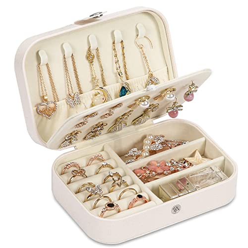 Travel Jewelry Box, PU leather Small Jewelry Organizer For Female Girls, double layer portable mini travel case for storing earrings, rings, necklaces.(White) - color: white