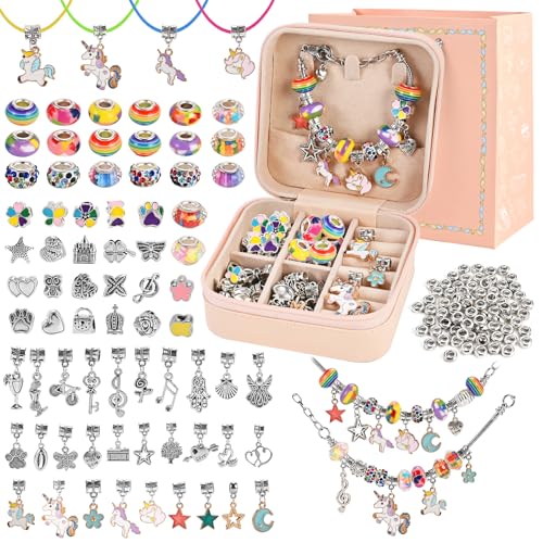 Charm Bracelet Making Kit for Girls Ages 3-12 | 165 Pcs Jewelry Making Kit Supplies for Adults | DIY Jewelry Crafts with Nice Box | Unicorn Mermaid Themed Gift for Kids Birthday Christmas Party