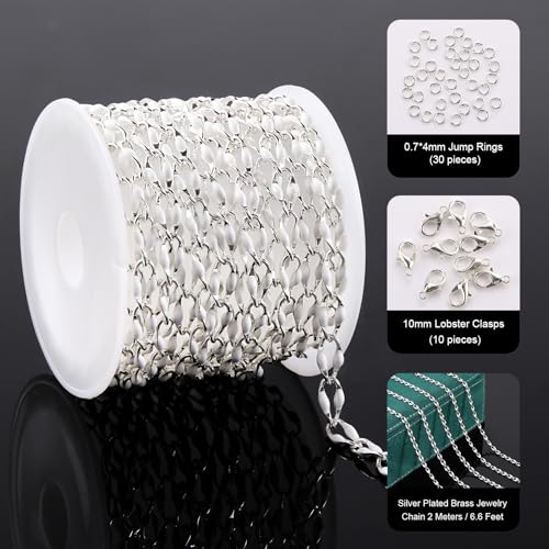 YOUBEIYEE 2 Meters White Enamel Cable Chain Silver Plated Chains Bulk for Women Bracelet Necklace DIY Brass Chains for Jewelry Making - color: White Silver