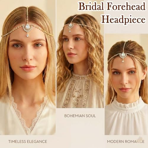 Brishow Crystal Head Chain Jewelry Gold Rhinestone Hair Chain Boho Bridal Headpiece for Women - color: Gold
