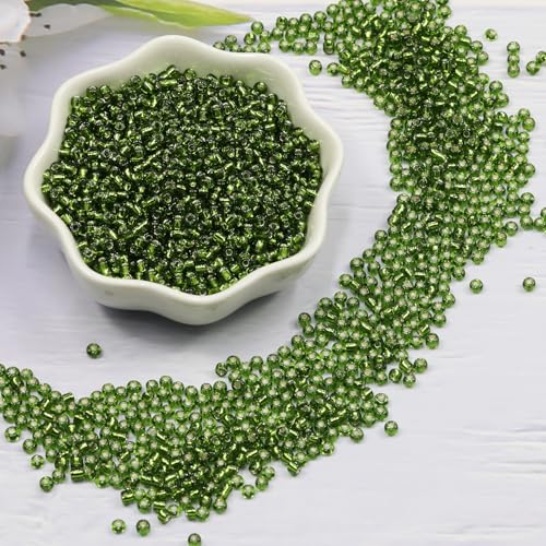 Transparent Dark Green with Silver Lined Beads Size 8/0 Crafts Glass Seed Beads 3mm for Jewelry Making (Total About 100g About 3600pcs) - color: Transparent Dark Green with Silver Lined, size: 3mm