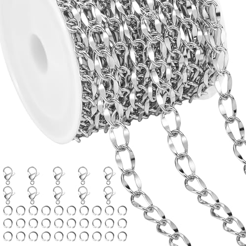 Jabogrii 5 Meters Oval Lip Jewelry Making Chains Silver Stainless Steel Chain with Lobster Clasps and Jump Rings for Jewelry Making - color: Oval Lip Silver