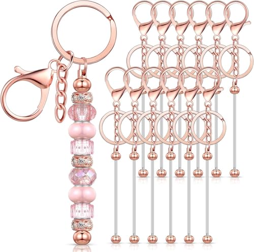 12pcs Beadable Keychain Bars Blank Metal DIY Craft Gift Making Set - color: Pink