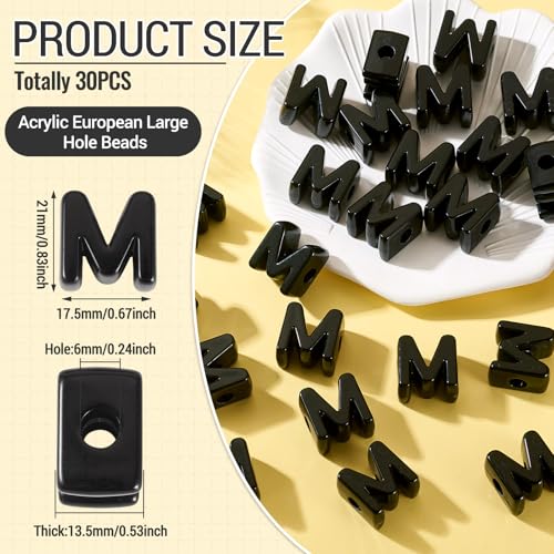 Craftora 30Pcs 20mm Black Large Letter Beads, Acrylic Big Alphabet Beads, Chunky Initial Letter M Bead with Large Hole for Friendship Bracelets Keychain Bag Charms Shoelaces - color: Letter M