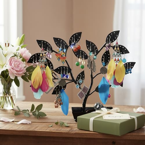 MyGift Jewelry Tree w/Bird Nest 48 pair Earrings Holder, Bracelets/Necklace Organizer Stand (Black Metal) - color: Black Metal