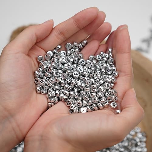 Melius Acrylic Silver Letter Beads, 1450 Pcs 4x7mm Round Alphabet Beads in 28 Grid Box for Jewelry Making, DIY Bracelets, Necklaces, Key Chains, Bracelets - color: Silver, size: 4x7mm