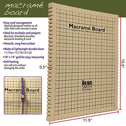 The Beadsmith Macrame Board, 11.5 x 15.5 inches, 0.5-inch-Thick Foam, 10x14 Grid for Measuring, Bracelet Project with Instructions Included, Create Macrame and Knotting Creations - size: 14 Inches X 10 Inches
