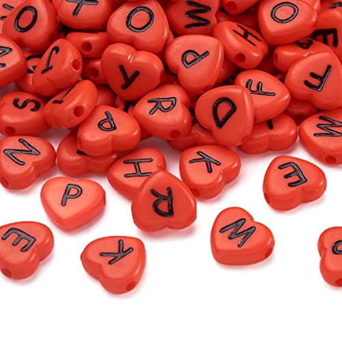 Cheriswelry 100pcs Heart Shape Acrylic Letter Alphabet Beads Opaque Red Black Letter Pony Loose Spacer Beads 10.5x11.5mm for DIY Craft Earring Bracelet Necklace Jewelry Making Supplies - color: Red Heart Letter Beads