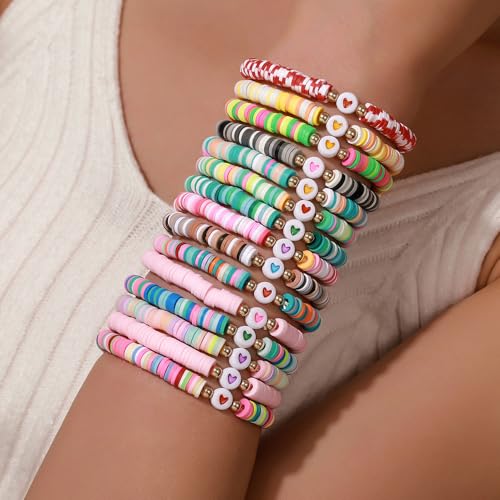 Friendship Bracelets Boho Stackable Bracelets for Women Surfer Heishi Clay Bead Bracelets Stretch Preppy Bracelets Colorful Boho Bracelets for Women - color: 15pcs heart