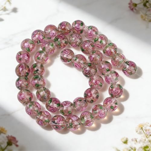 1 Box 40PCS 10MM Pink Rose Round Flower Beads with Holes Lampwork Glass Floral Handmade Gold Sand Murano Spacer Loose Bead Strand Bulk for Jewelry Making Necklaces Bracelet Diy Craft Supply - color: Pink, size: 40pcs