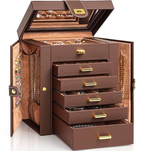 AKOZLIN Jewelry Box Organizer Functional Leather Jewelry Storage Case for Women Girls Ring Necklace Earring Bracelet Holder Organizer with Mirror Brown - color: Brown, size: Regular