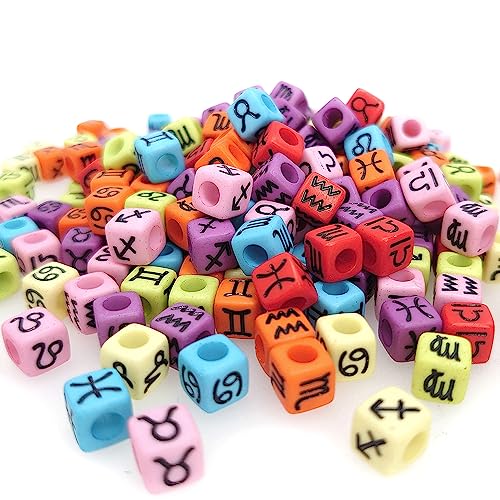 200+ Pieces 7x7mm Colorful Black Cube Acrylic Alphabet Zodiac Charms Constellation Beads Mixed Plastic Shape Loose Beads for Jewelry Making Bracelets Necklaces Key Chains (Black on Colorful Beads) - size: Black on Colorful