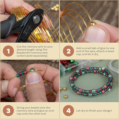 The Beadsmith Memory Wire & End Caps Set - Gold-Plated, 1 mm Thick, 2.25 in (60 mm) Diameter, 12 Bracelet Coils with 8 End Caps, Heavy-Gauge, Bracelet Making Kit, for Jewelry Making - color: Gold